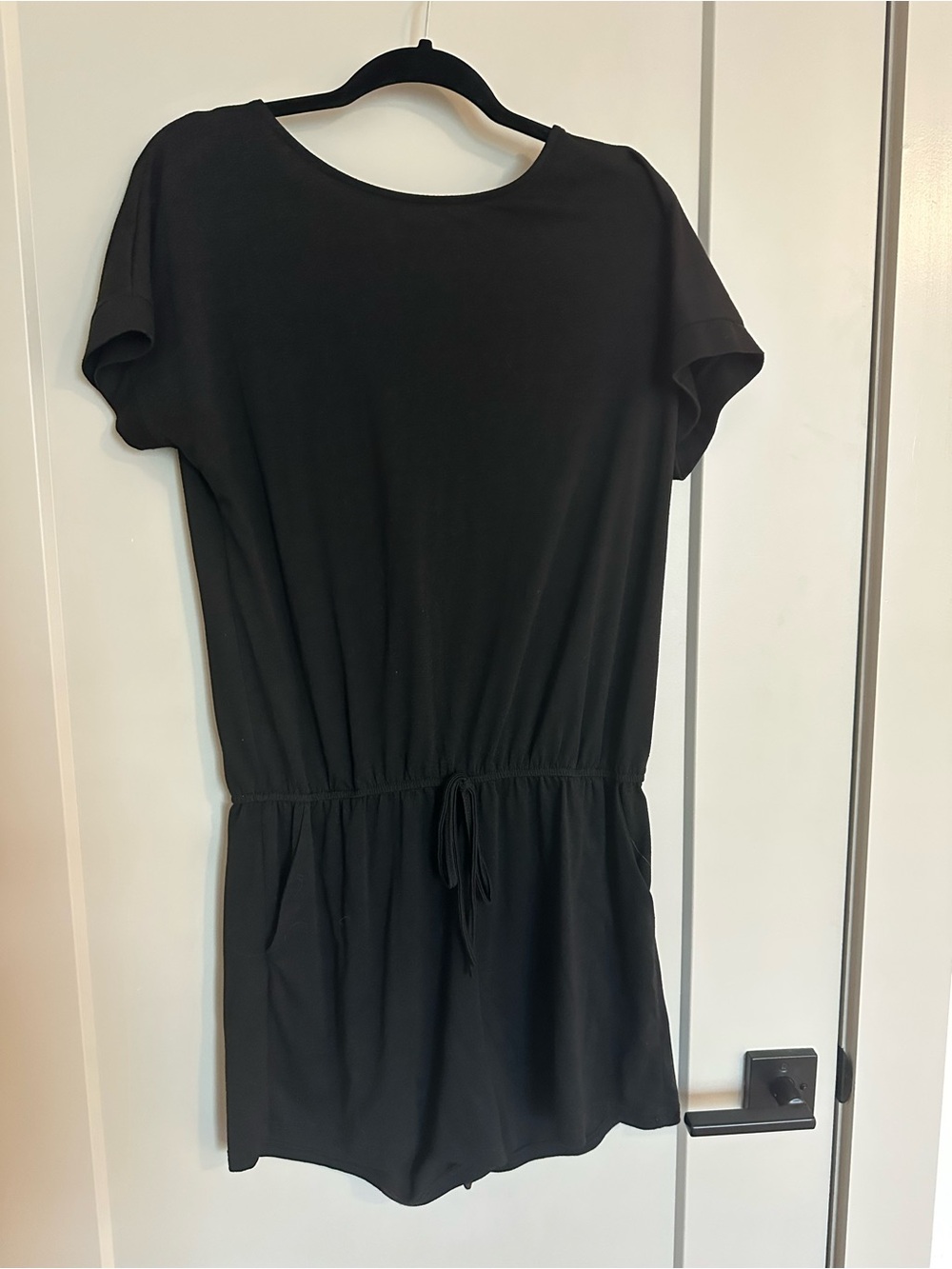 Black Short Sleeve Drawstring Romper